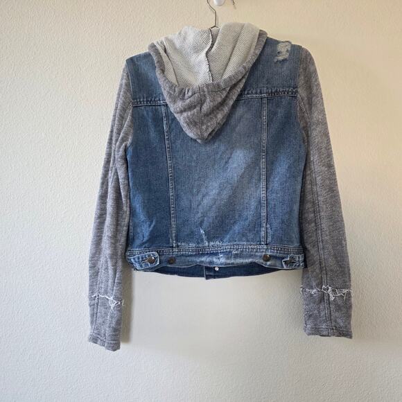 Free People Denim Sweater Jacket Colorblock Women Size M Blue Gray Raw Edge - Picture 8 of 13